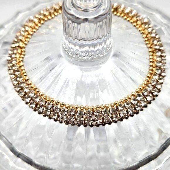 Goldtone Double Row Clear Rhinestone Tennis Bracelet 7" - Picture 1 of 5